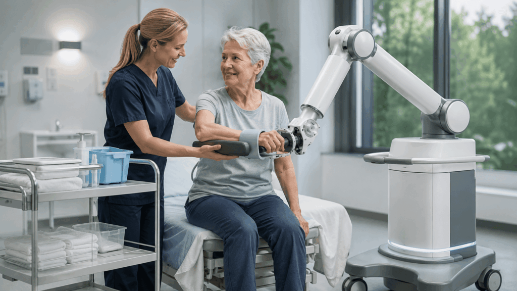 Industries nurse assisting with robotic rehabilitation device