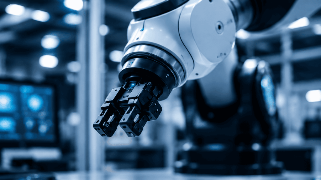 About robotic arm in high tech workshop